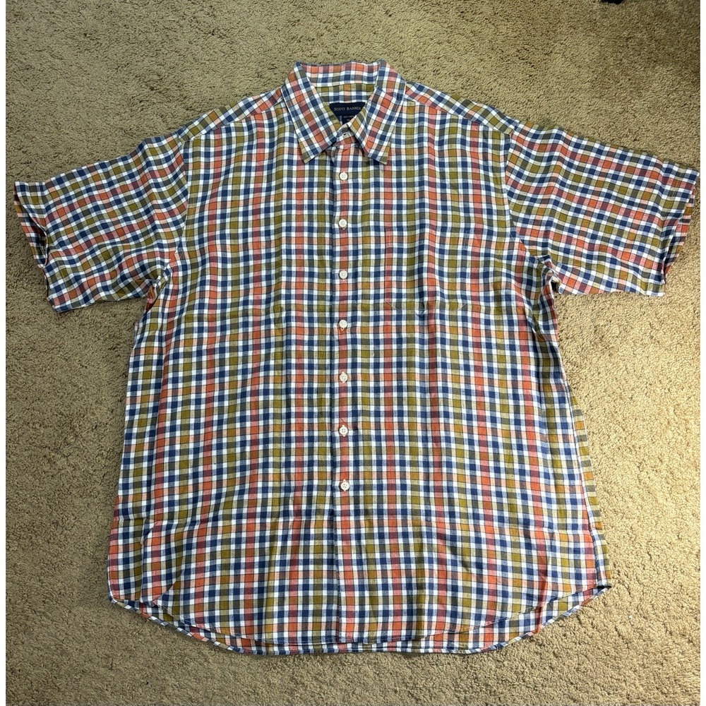 Scott Barber Button Down Shirt Men XL Plaid 100% Linen Single Pocket Office